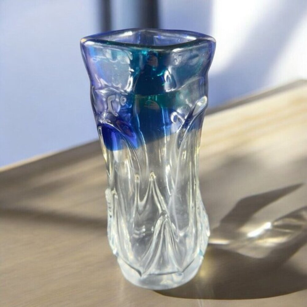 Vintage Poland Art Glass Vase Drip‎ Pattern Clear With Blue Top Glass Vase Decor